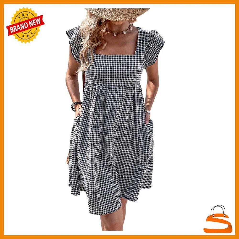 Women's Gingham Plaid Ruffle Midi Dress Square Neck Cap Sleeve